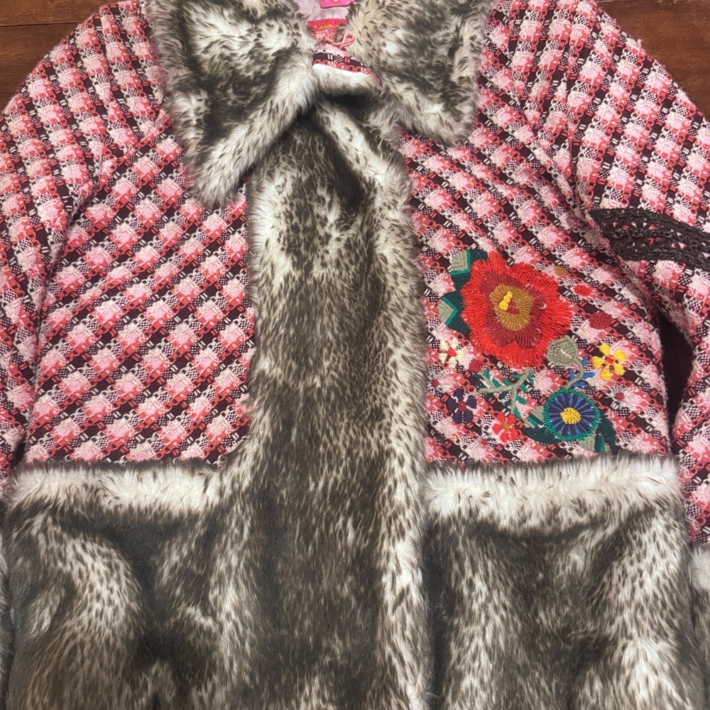 Oilily Plaid & Embroidery Faux Fur Trim Fairy Garden Whimsy Dopamine Jacket 36 - Picture 2 of 9